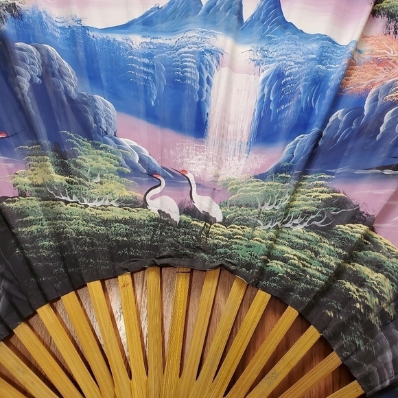 VINTAGE Large Fan 59x36 Handpainted Sky Scene Wal Art - Picture 14 of 16